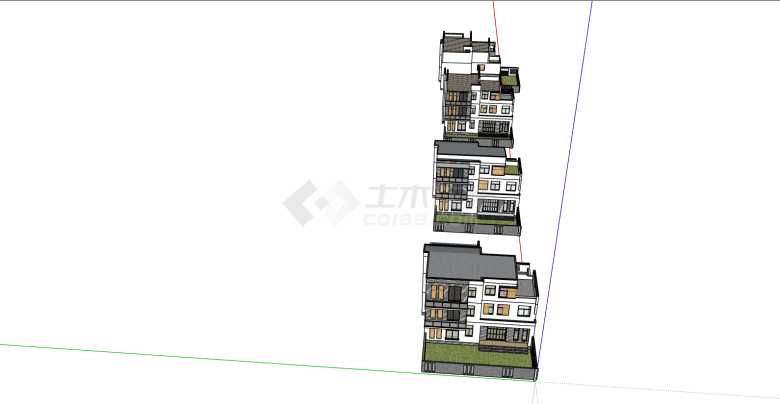 四栋三层的白色墙身的带小院的现代民宿su模型-图一