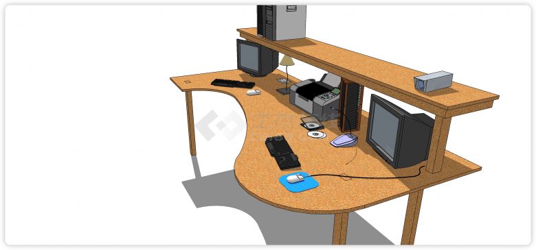 腰形带储物层办公桌电脑桌su模型-图二
