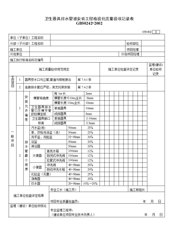 某单位卫生器具排水管道安装工程检验批质量验收记录表-图一