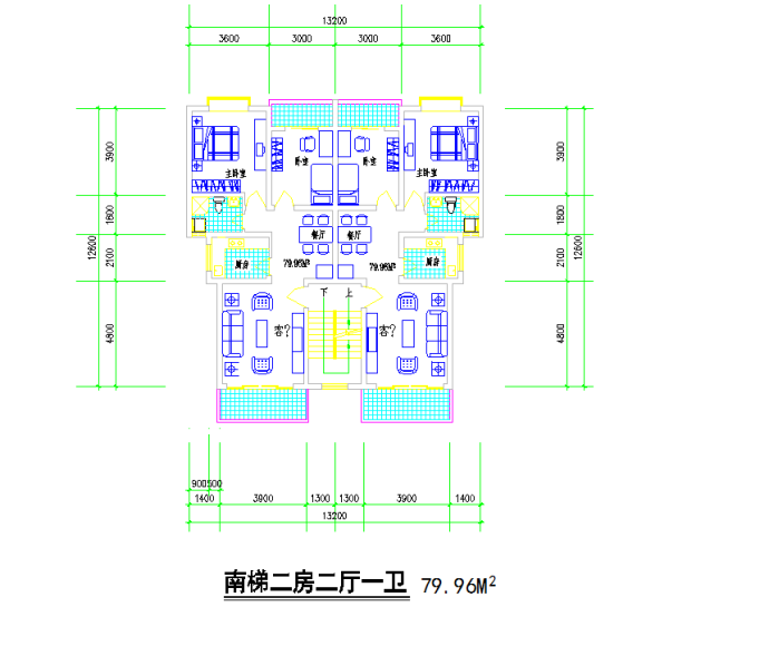 某地1梯2户户型对称南梯2室2厅1卫2阳台每户79.96平米图纸_图1
