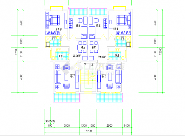 某地1梯2户户型对称南梯2室2厅1卫2阳台每户79.96平米图纸-图二