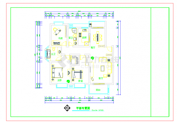 某地套房户型1个3室2厅2卫1阳台长13.14米宽12.24米图纸-图一