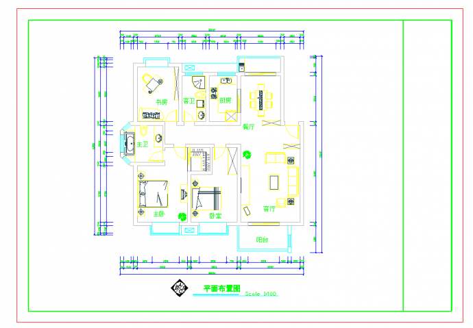 某地套房户型1个3室2厅2卫1阳台长13.14米宽12.24米图纸_图1