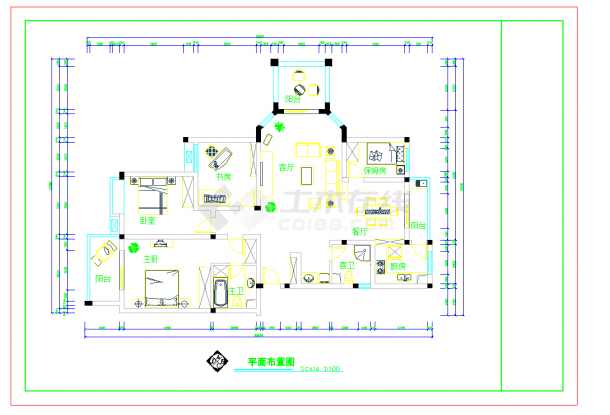 某地套房户型1个3室2厅2卫3阳台1保姆房长18.24米宽13.5米图纸-图二