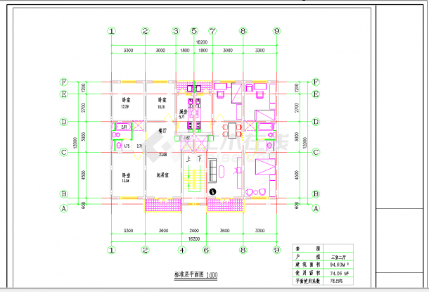 某地小区住宅1梯2户标准层对称户型3室2厅1卫2阳台94.6平米图纸-图一
