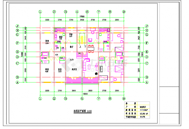 某地小区住宅1梯2户标准层对称户型4室2厅2卫2阳台117.54平米图纸-图一