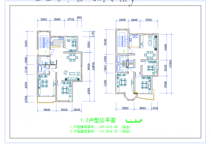 某地3室2厅2卫1阳台户型设计面积114.84平米117.85平米图纸_图1