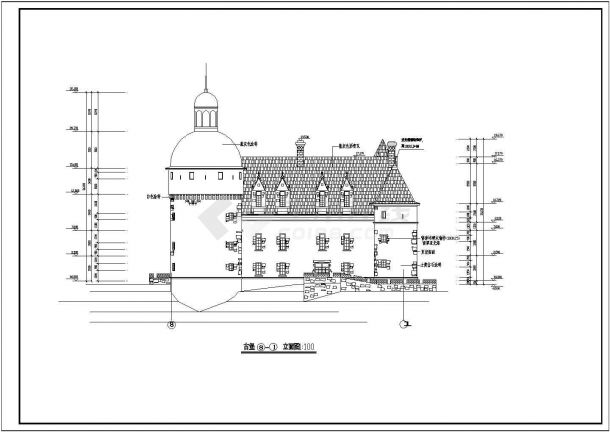 某三层框架结构古城堡设计cad全套建筑施工图（标注详细）-图二