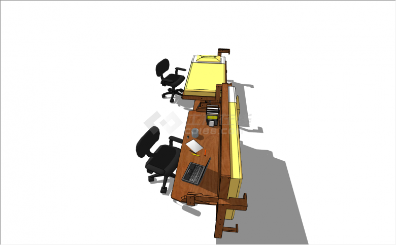 折叠书桌-上翻是棕色窄面书桌下翻是携带黄色床垫的单人床su模型-图二