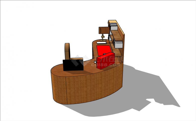 圆弧形木纹书桌带3层简易放书架su模型-图二