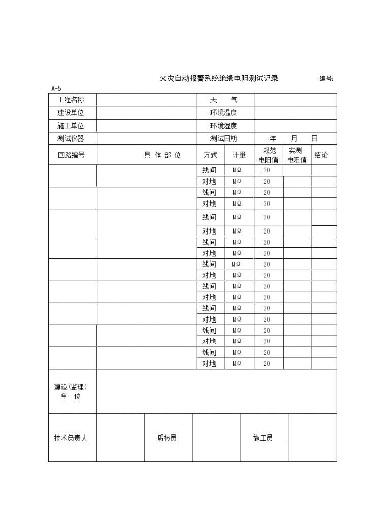 某火灾自动报警系统绝缘电阻测试记录-图一