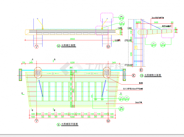 某地某大厦斜拉钢结构雨棚CAD施工图纸-图一