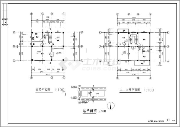 某三层框架结构私人住宅楼设计cad整套建筑施工图（含设计说明，含效果图）-图二