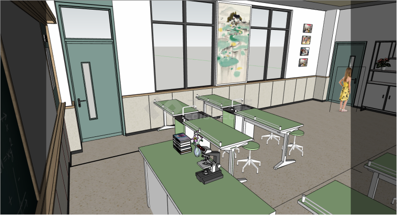 绿色的桌椅带多媒体的实验室su模型-图二