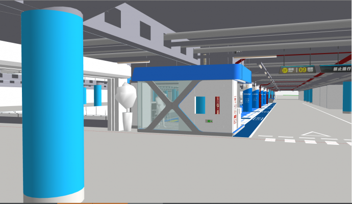 带有蓝色柱子的停车场地下车库su模型_图1