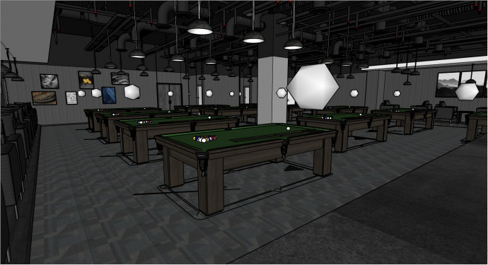 灰色的地板两侧带沙发的台球室su模型_图1