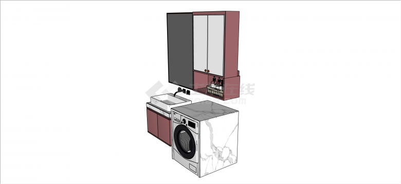 现代粉色洗漱台套装组合洗衣机su模型-图一