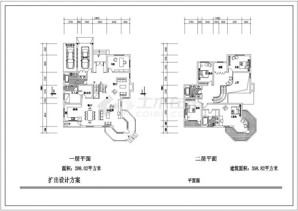 某二层带地下层砖混结构乡村小型别墅设计cad建筑方案图（标注详细）-图二