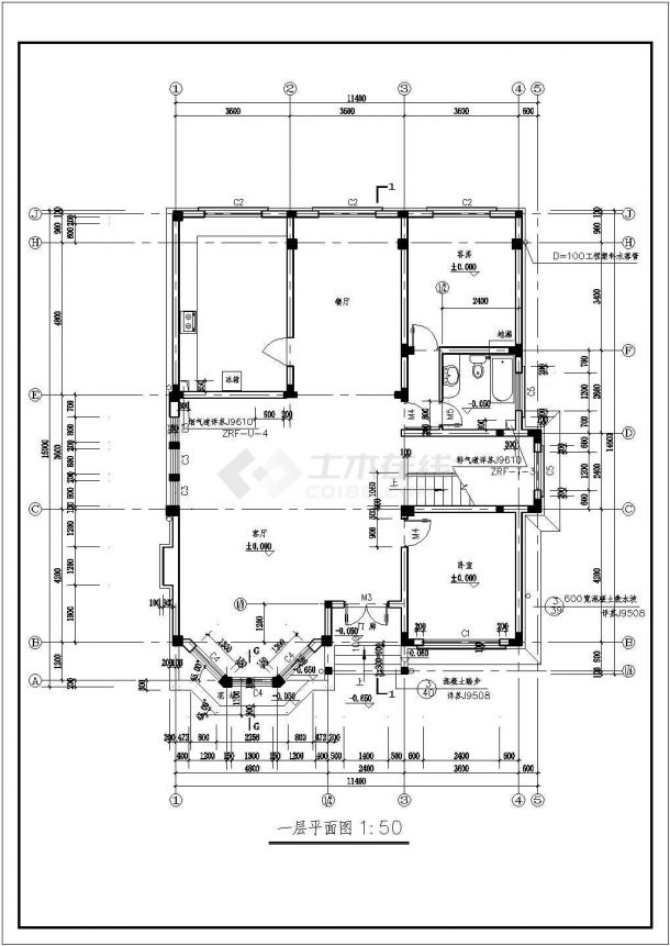 阿里苏丹某二层带阁楼层框架结构别墅设计cad建筑方案图（标注详细）-图二