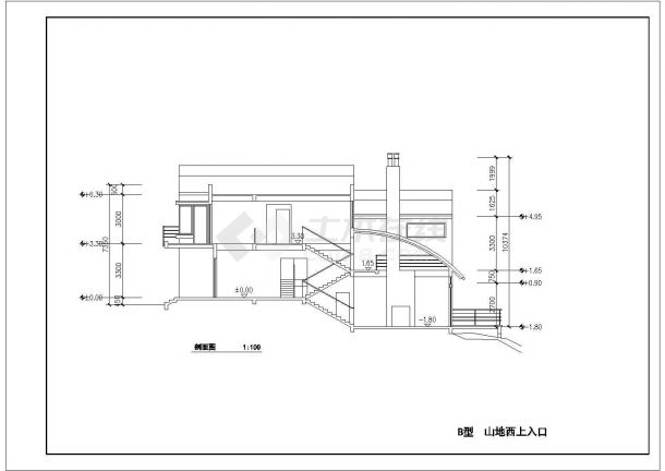 南京某二层框架结构山地别墅设计cad建筑方案图（标注详细）-图二