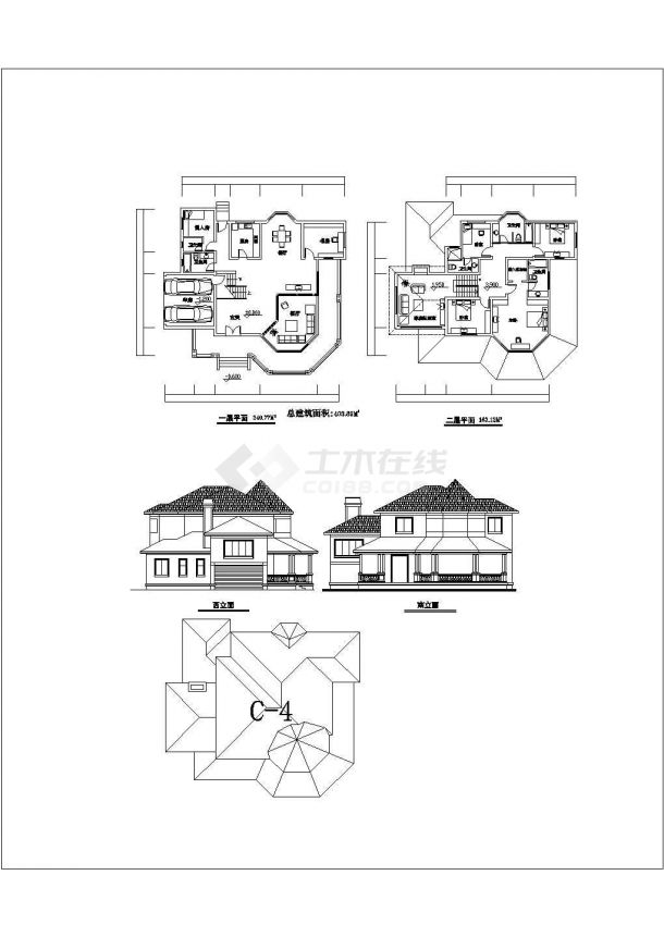 某二层砖混结构欧式别墅（建筑面积403.89平方米）设计cad建筑方案图（含3套设计）-图二