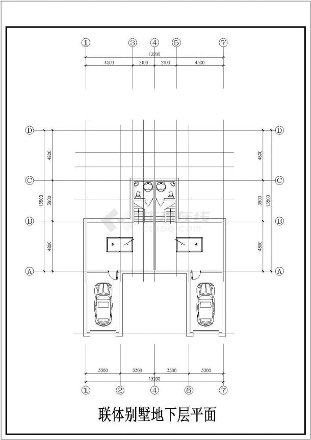 某二层带地下层框架结构联排别墅设计cad建筑平立面方案图（标注详细）-图一