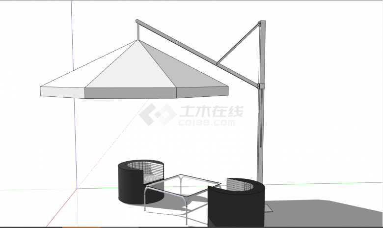 白色的遮阳伞深色的凳子的室外桌椅 su模型-图二