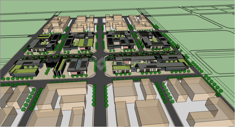 绿树环绕的交通便利的产业园SU模型-图二