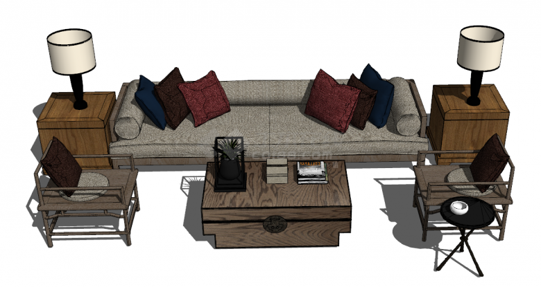 带深色长方形茶几和周边椭圆形的沙发su模型-图二