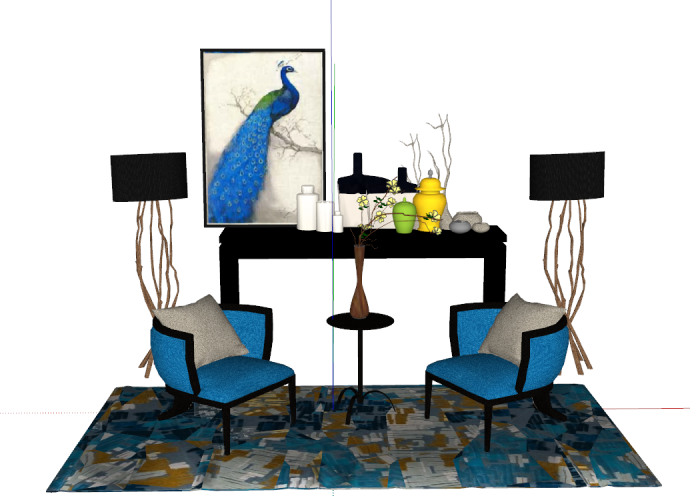 时尚蓝色带孔雀装饰画的沙发 su模型_图1