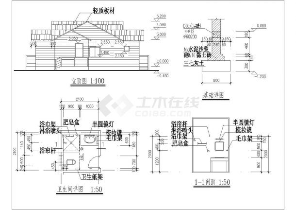 某一层砖混结构休闲别墅设计cad建筑方案图（标注详细）-图二
