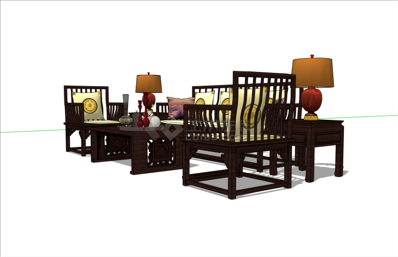 典雅新中式木制沙发su模型-图二