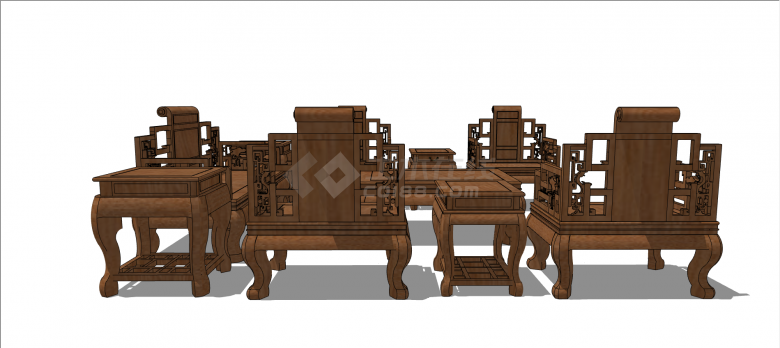 中式木制中空沙发 su模型-图二