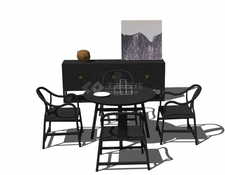 新中式黑色极简餐桌su模型-图一