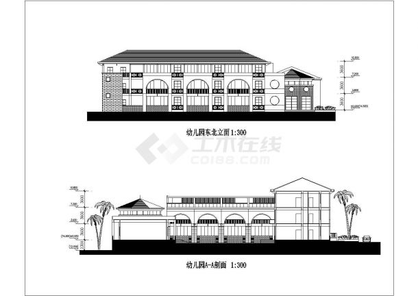太原市昌澜花园小区3层框架结构社区幼儿园平立面设计CAD图纸-图二