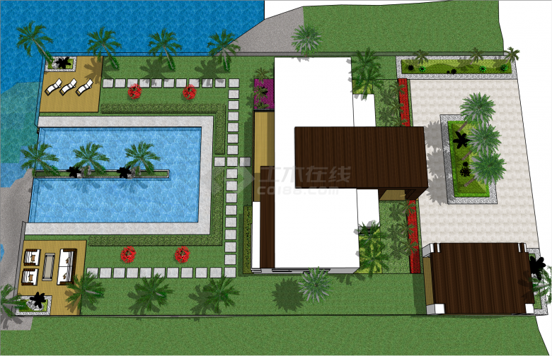 带泳池时尚休闲现代风格庭院su模型-图二