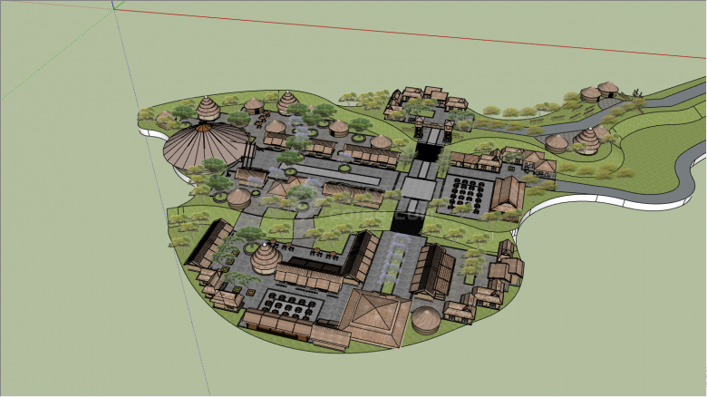 带圆顶建筑的绿树环绕的村庄改造民宿su模型-图二