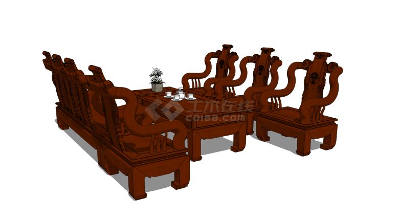 中式雕花豪华红木沙发su模型-图二