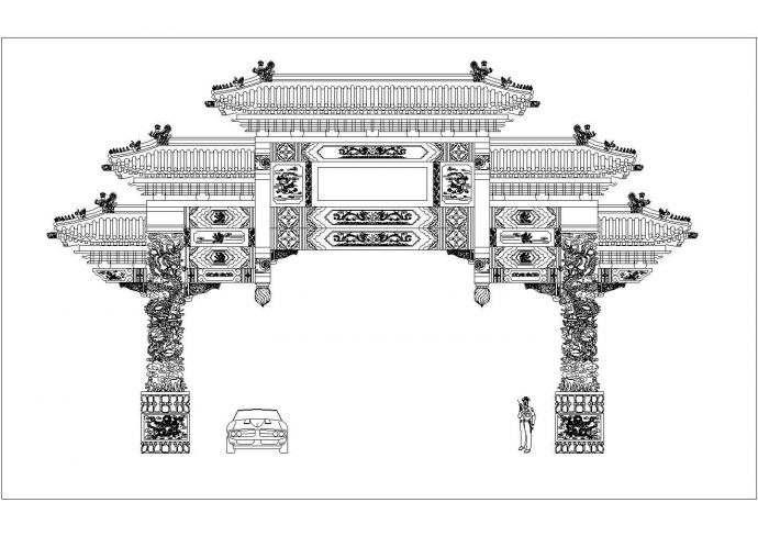 郑州某大型美食城仿古牌楼立面设计CAD图纸_图1