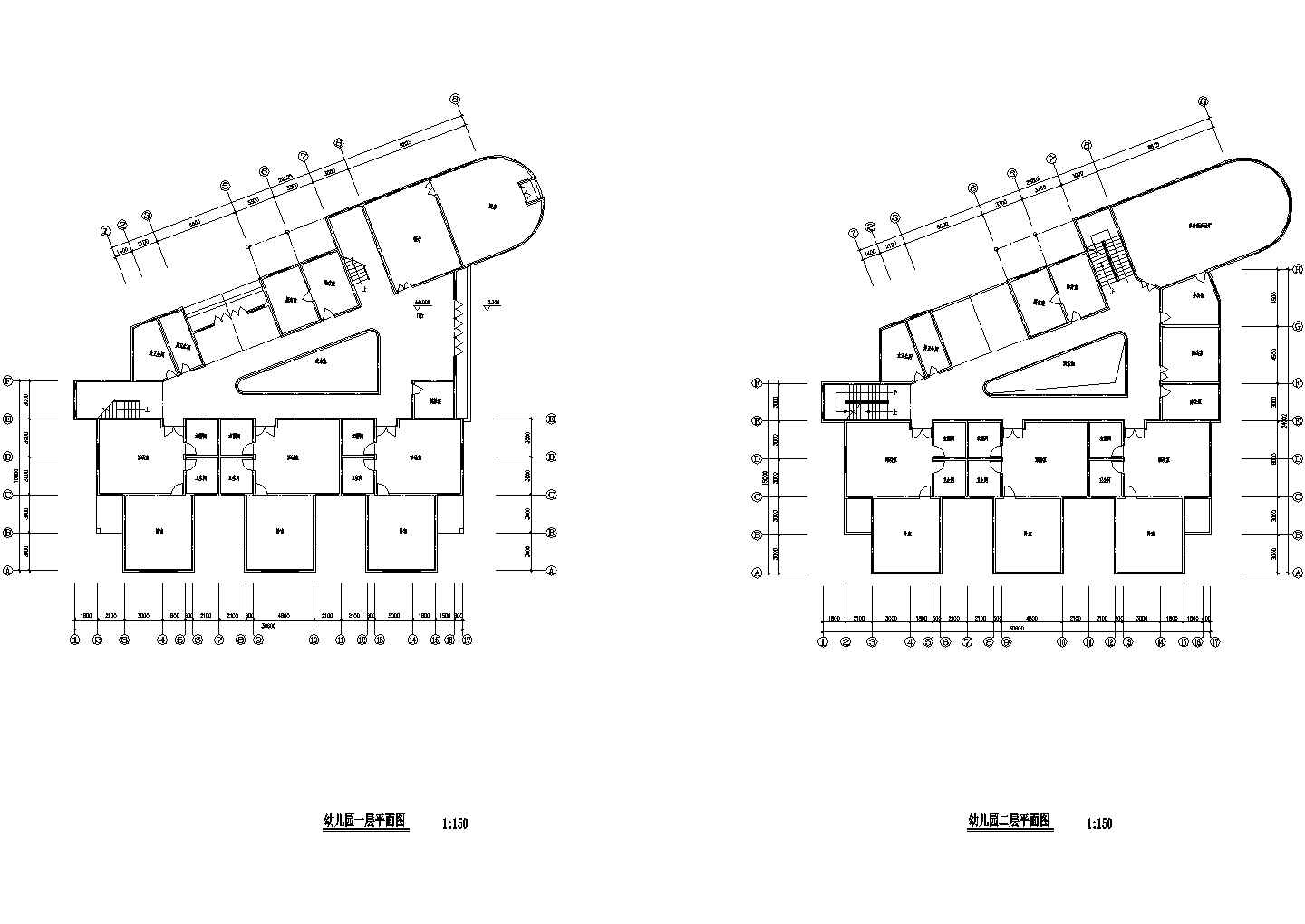 二层幼儿园设计cad图(含总平面图，共五张)