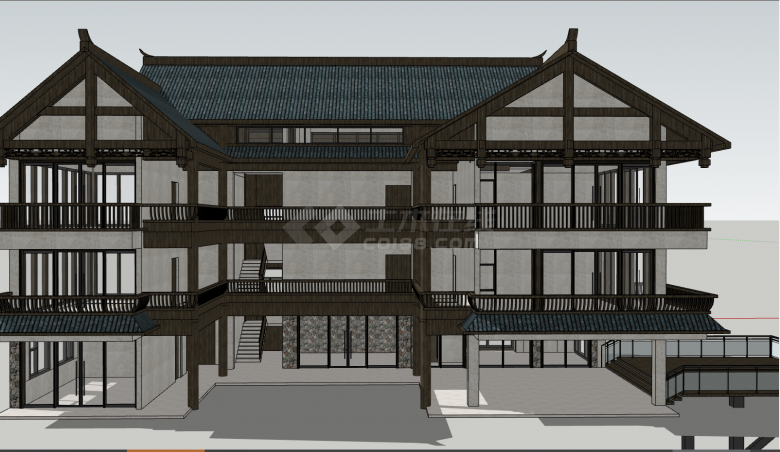 中式的多层的建筑 度假酒店SU建筑模型 -图一