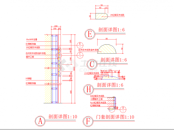 某地木饰面暗藏灯槽不锈钢压条门套等节点图CAD施工图纸-图一