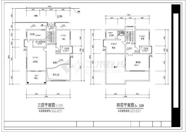 某四层带阁楼层框架结构别墅（总建筑面积582.94平方米）设计cad建筑方案图（标注详细）-图二