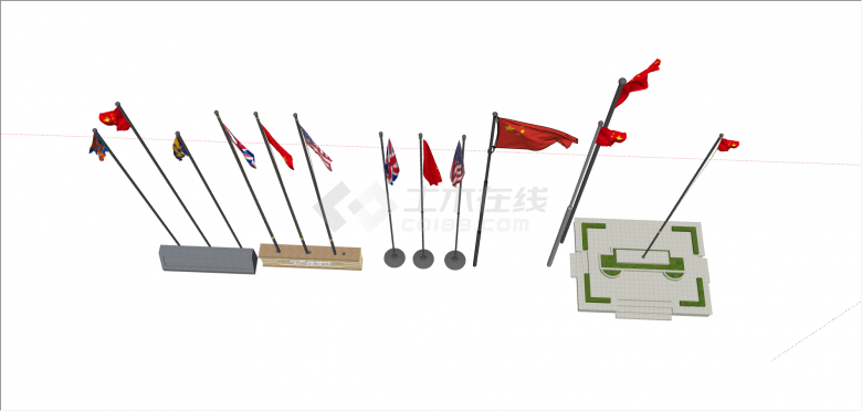 现代国际旗帜旗杆台su模型-图二