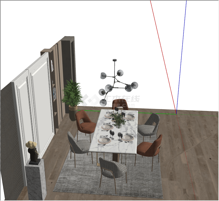 带灰色地毯的带吊灯的现代餐厅家具su模型-图二