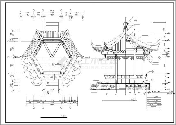 苏州市吴江区某园林内部六角仿古亭建筑设计CAD图纸-图一