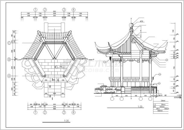 苏州市吴江区某园林内部六角仿古亭建筑设计CAD图纸-图二