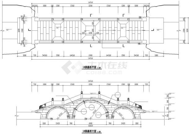 秦皇岛市某公园内部仿古景观桥建筑设计CAD图纸-图二