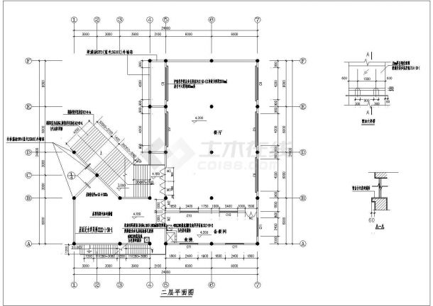 某地多层西磁食堂建筑CAD参考图-图二