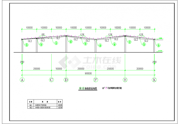 某地150_90多跨门刚钢结构厂房初设施工图CAD图纸-图一